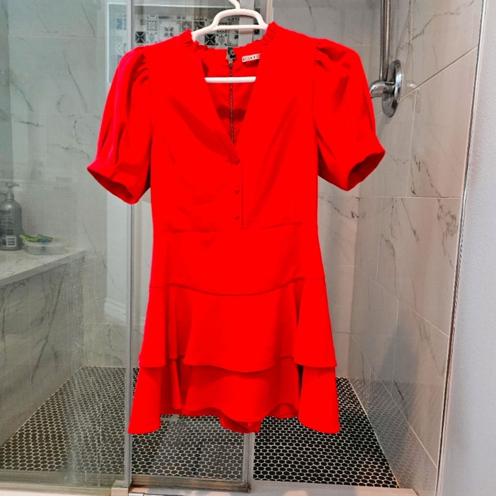 Alice + Olivia Red Puff Sleeve Mini Romper